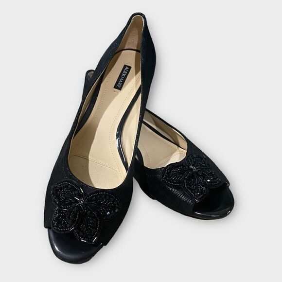 Alex Marie Black Leather Embellished Beaded Wedge Flats Size 9 - Picture 1 of 9